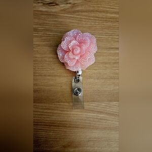 Pink Flower Alligator Clip Badge Holder